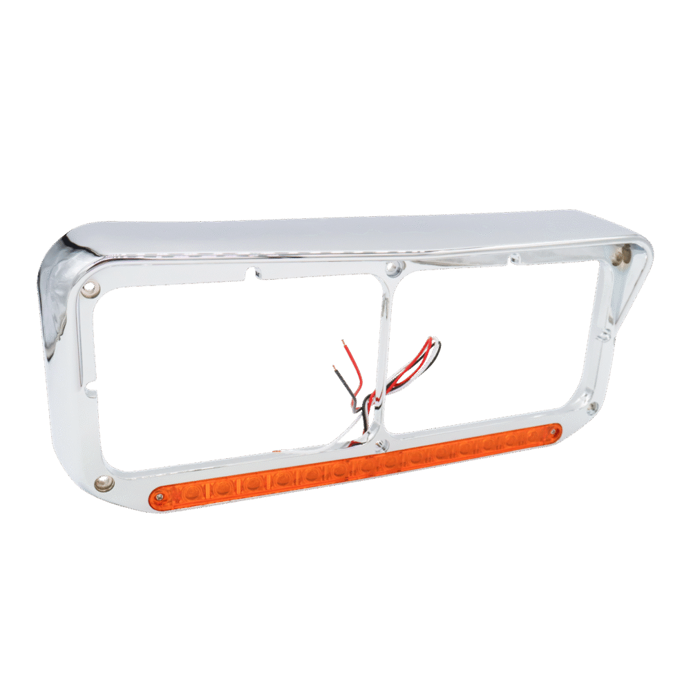 14 LED Chrome Rectangular Dual Headlight Bezel With Visor - Amber LED/Amber Lens