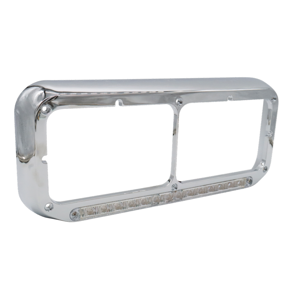 14 LED Chrome Rectangular Dual Headlight Bezel - Amber LED/Clear Lens