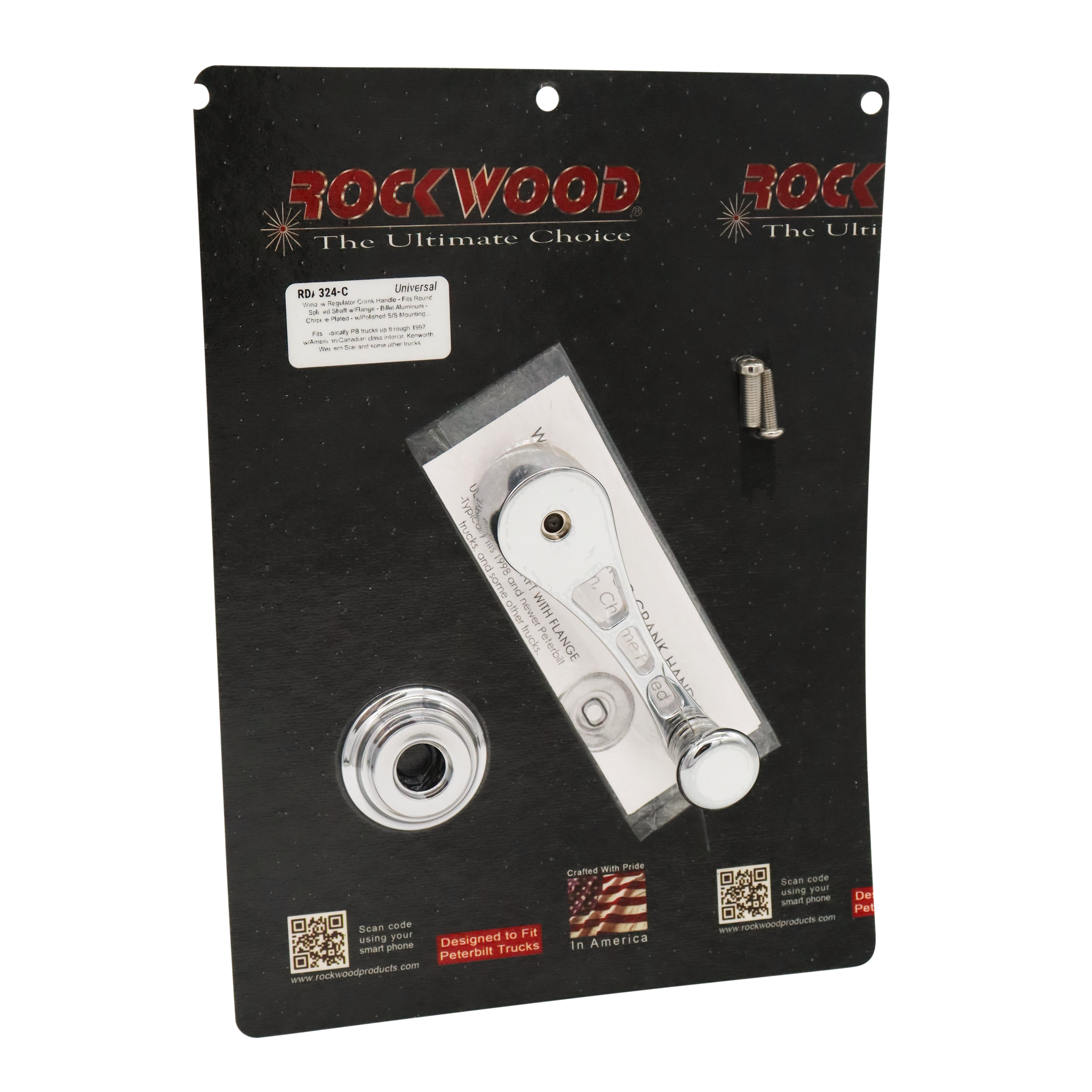 Window Regulator Crank Handle - Fits Round Splined Shaft w/Flange - Billet Aluminum - Chrome Plated - w/Polished S/S Mounting Screws